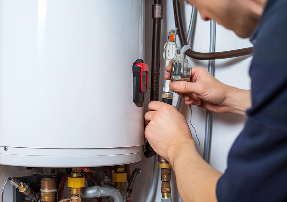 Technician repairing pipes connected to a water heater in Golden